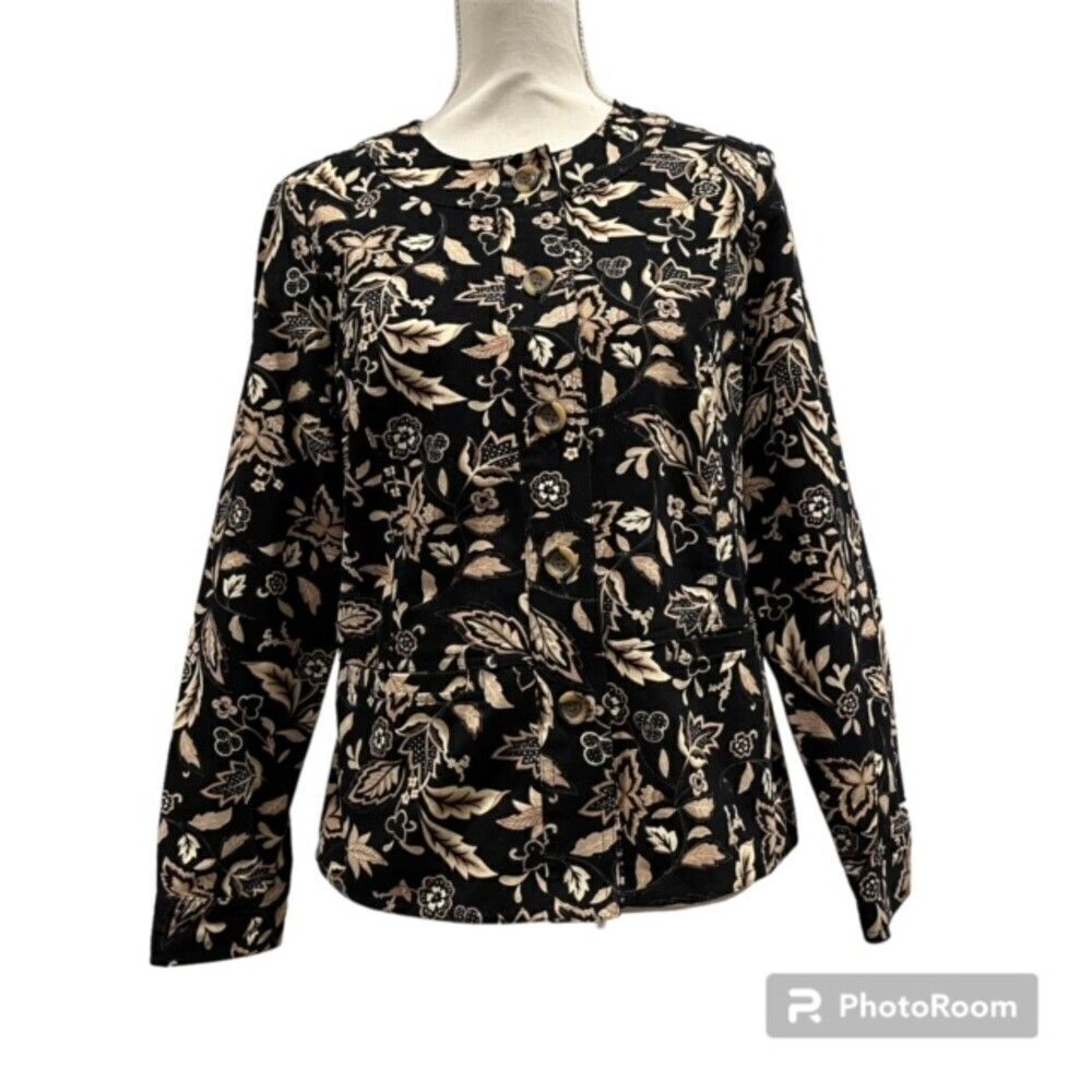 Appleseed's Button‎ Front Blazer Jacket Black Tan Floral Cotton Size 8